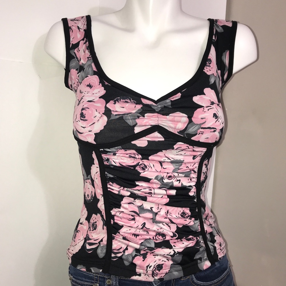 Bizz Girl Black Trim Pink Floral Ruched Tank Top